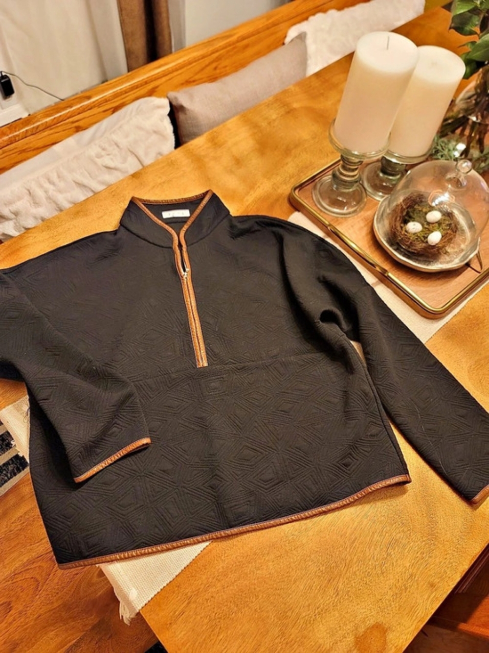 THML Geometric Quarter-Zip Top in Black With Brown Faux Leather Lining - Medium